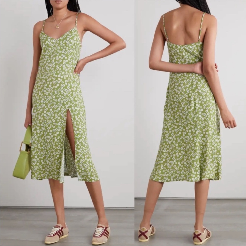 Reformation Green Daisy Print Midi Slip Dress